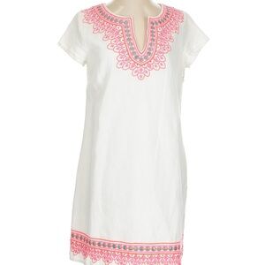 Vineyard Vines White Midi Dress with Pink Embroidered Trim